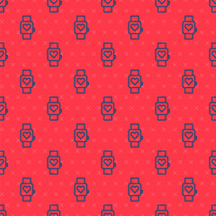 Blue line Smart watch showing heart beat rate icon isolated seamless pattern on red background. Fitness App concept. Vector.