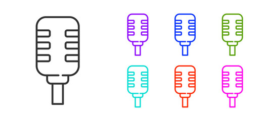 Black line Microphone icon isolated on white background. On air radio mic microphone. Speaker sign. Set icons colorful. Vector.