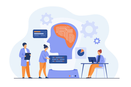 Scientists studying neural connections. Programmers writing codes for machine brain. Vector illustration for artificial intelligence, machine learning, data science concepts