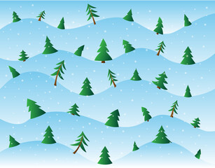 Winter landscape of pine and fir trees on snowy hills