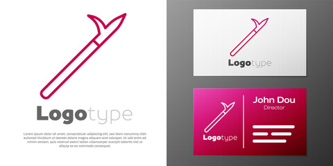 Logotype line Metal pike pole with wooden handle icon isolated on white background. Spear, pickaxe, hook hand extinguishing instrument and tool for fireman. Logo design template element. Vector.
