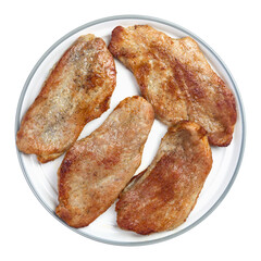 Pork schnitzel on a plate isolated on white background