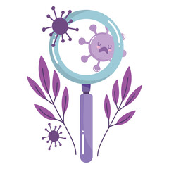 covid 19 virus cartoon lupe and leaves vector design