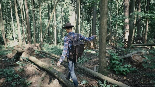 Back shot stylish young man in felt hat and plaid shirt with leather backpack walking along a fallen tree trunk in forest, holding balance. Adventure vibes and wanderlust.