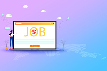 Business concept of job search, young woman is searching to find a new job on the screen of laptop that contain big word of "JOB" in blue and pink color background.