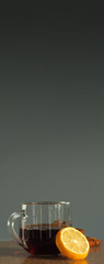 vertical banner with a mug of tea and lemon