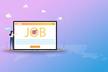 Business concept of job search, young woman is searching to find a new job on the screen of laptop that contain big word of 