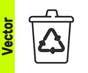 Black line Recycle bin with recycle symbol icon isolated on white background. Trash can icon. Garbage bin sign. Recycle basket sign. Vector.