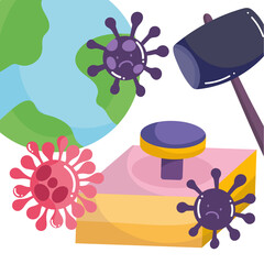 covid 19 virus cartoons hammer world and button vector design
