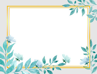 Fototapeta na wymiar Watercolor horizontal square frame with tree branches with gold border Blank, no text. Spring design. Invitation, greeting, postcard, blank, banner.