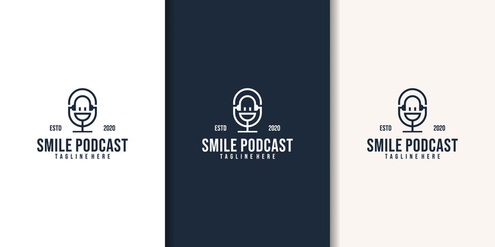 Podcast logo icon. with fun smile emoticon in for internet web design studio talk show food and drink review comment program television and smart phone application