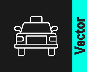 White line Taxi car icon isolated on black background. Vector.