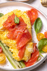 Fried eggs with green asparagus and salmon, cherry tomatoes and fresh spinach.