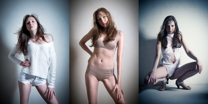 Beautiful young woman wearing casual clothes, bikini and lingerie in front of a bright wall