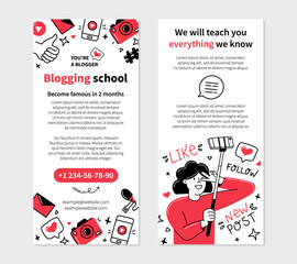 Blogging school flyer for printing in Doodle style, double-sided vector template with female blogger who shoots a vlog on the phone