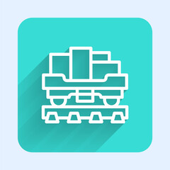 White line Cargo train wagon icon isolated with long shadow. Full freight car. Railroad transportation. Green square button. Vector.