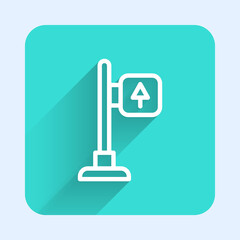 White line Road traffic sign. Signpost icon isolated with long shadow. Pointer symbol. Street information sign. Direction sign. Green square button. Vector.