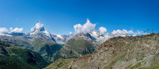 Panoramic view of the Swiss Alps near Zermatt in Valais. View from the Five Lakes walking trail.