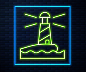 Glowing neon line Lighthouse icon isolated on brick wall background. Vector.