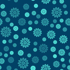 Green line Ship steering wheel icon isolated seamless pattern on blue background. Vector.