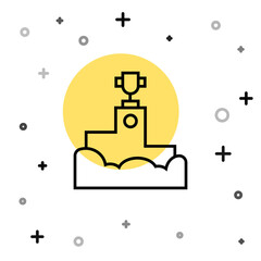 Black line Award over sports winner podium icon isolated on white background. Random dynamic shapes. Vector.