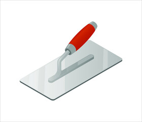 Isometric plastering trowel isolated on white background. Colorful trowel vector icon for web design. Four-sided stucco trowel with red plastic handle. Construction tool. Vector illustration. 3D. - obrazy, fototapety, plakaty