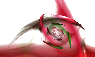 Abstract red rose illustration. Beautiful flower over white. Digital style. Red and green hues. 