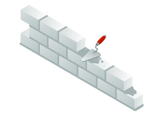 Realistic trowel and new grey brick wall with cement mortar. Brickwork isometric vector icon for industrial design. Aerated concrete block firewall isolated on white background. Vector illustration.