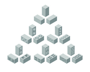 Fototapeta na wymiar Set of cinder blocks isolated on white background. Gray bricks. Set of concrete building blocks icons. Construction. Flat 3d isometric vector cement blocks icons illustration.