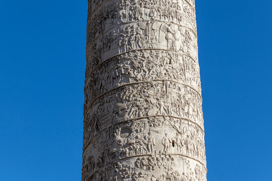 Close-up of the Trajan Column, Roman triumphal monument built by Emperor Trajan to celebrate the victory in Dacia Wars.