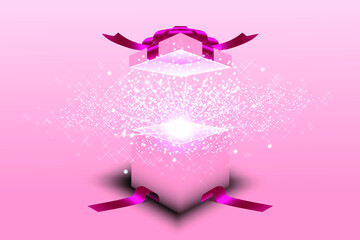 New year 2021 christmas red gift box. Open gift and light fireworks vector on red  background, box with bright rays of light.