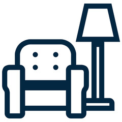 Armchair and floor Lamp outline or line icon isolated on white background. Home comfort symbol. Pixel perfect.