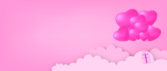 Valentines hearts with gift box. Paper flying elements on pink background postcard. Vector symbols of love in shape of heart for Happy Women's, Mother's, Valentine's Day, birthday greeting card design