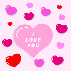 Valentines hearts with gift box. Paper flying elements on pink background postcard. Vector symbols of love in shape of heart for Happy Women's, Mother's, Valentine's Day, birthday greeting card design