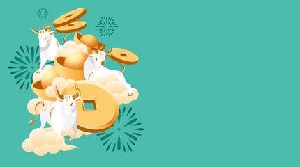 2021 Chinese New Year of Bull. White metal ox with golden horns and hooves. Zodiac symbol of oriental new year with copy space. Sign of coming year with ingots or gold bars. Vector stock illustration.