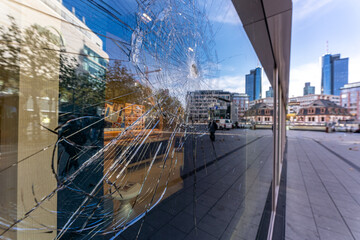 Frankfurt - November 2020 - a broken shop window in frankfurt city center symbolizing the latest...