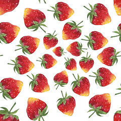 Seamless pattern of strawberry on white background. Watercolor hand drawing illustration. Perfect for digital paper, wrapping, textile, print. Red fruit.