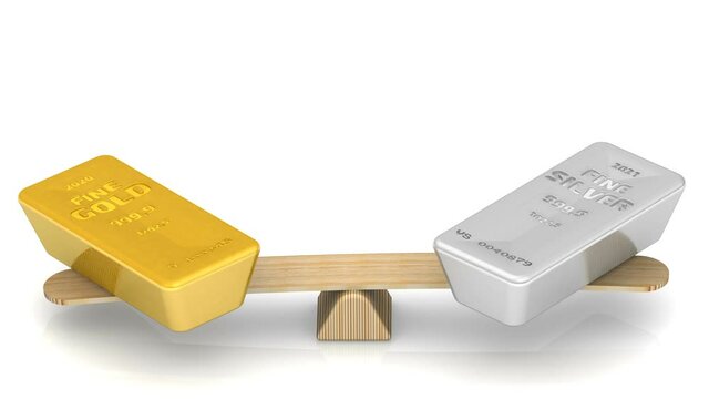 Comparison of gold and silver bars. Investment in precious metals. One ingot of 999.9 Fine Gold and one ingot of 999.9 Fine Silver weighed in the balance. Financial concept. Footage video