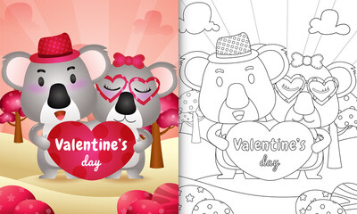coloring book for kids with Cute valentine's day koala couple illustrated