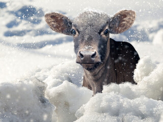 Young calf in winter under the snow