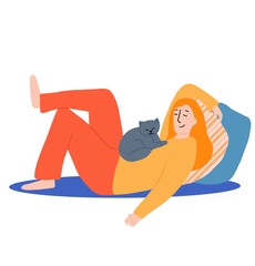Red headed girl resting with cat. Hand drawn raster illustration. 