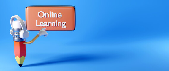 Digital Online Education. 3d render of computer. Application learning on phone, mobile website background. 
social distance concept isolated on background. Classroom Online Education internet network.