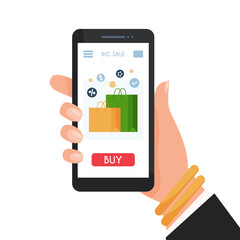 Woman hand holding smartphone. Online shopping. vector illustration
