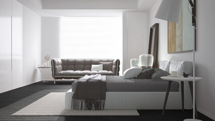 Fototapeta premium Modern bright minimalist bedroom in dark tones, double bed with pillows, duvet and blanket, parquet, big window and sofa, bedside table, lamp, carpet and decors, interior design idea
