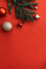 Close up view of fir tree branch, Christmas mood background 