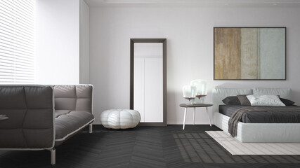 Modern bright minimalist bedroom in dark tones, double bed with pillows, duvet and blanket, parquet, window and sofa, table with lamps, mirror with pouf, carpet, interior design idea