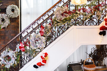 Wooden stair decoration with Christmas ornaments