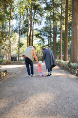 Family couple holding hands of baby girl and walking in autumn park. Kid turning around and looking at camera. Back view, full length. Family and childhood concept