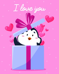 Valentine's day greeting card.
The penguin looks out of the gift box. Many hearts