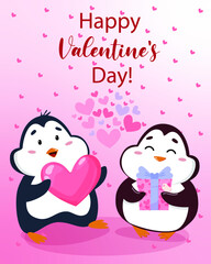 Valentine's day greeting card.
Cute penguin with a heart and a second penguin with a gift